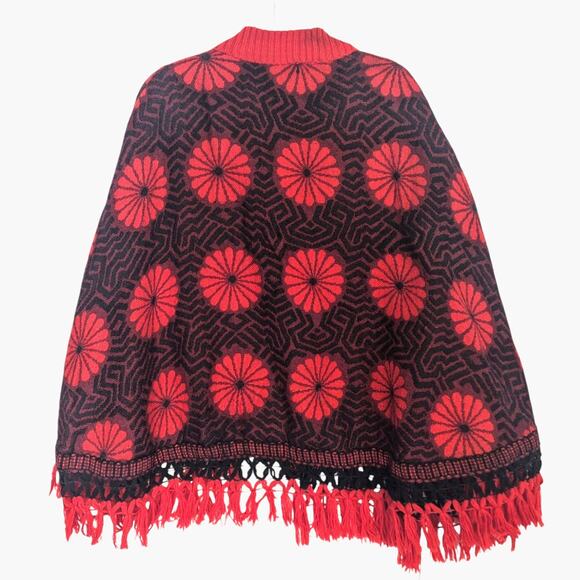 Vintage 60's 70's Sweater Poncho Button Front Red Black Geometric Flowers Flaw - Picture 2 of 8